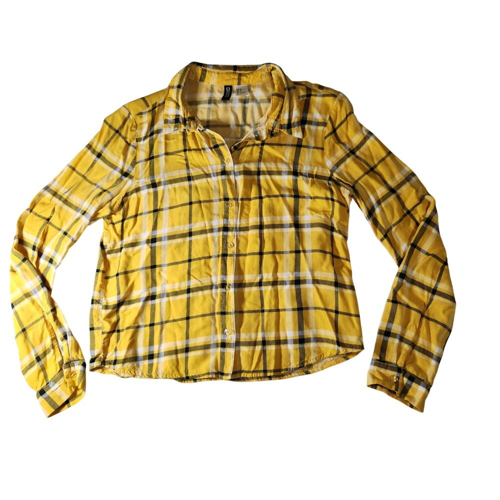 Divided H&M Yellow and Black Soft Viscose Lightweight Plaid Shirt Size 4